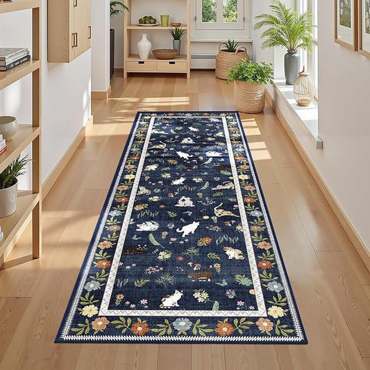 AIMPEAK 2x6 Non Slip Runner Rug - Washable Cat Floral Kitchen Carpet with Rubber Backing, Soft Low Pile Long Mat for Kitchen, Laundry Room, Bedroom, Bathroom, Hallway, Navy Blue Multi