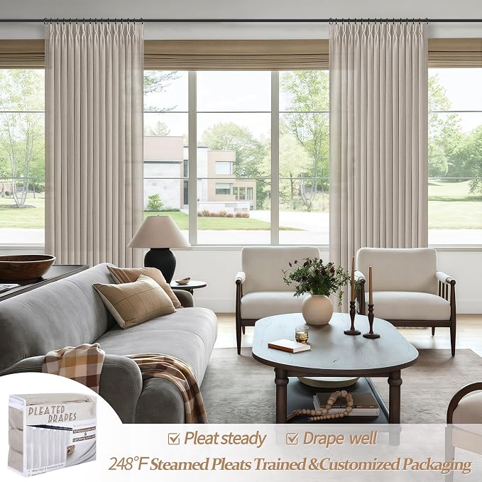 Extra Wide Pleated Thick Linen Semi Sheer Curtains 96 Inches Long for Dining Room, Greyish Brown Memory Trained Viral Curtain 2 Panels Set Light Filtering Privacy Farmhouse Windows Drapes 8FT Length