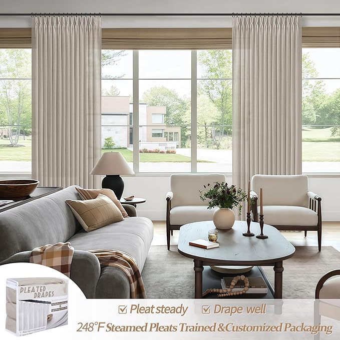 Pinch Pleated Taupe 105 Inch Length Floor to Ceiling Curtains 2 Panels Set, Memory Trained Light Filtering Linen Semi Sheer Privacy Extra Long Windows Curtain & Drapes for Bedroom Greyish Brown