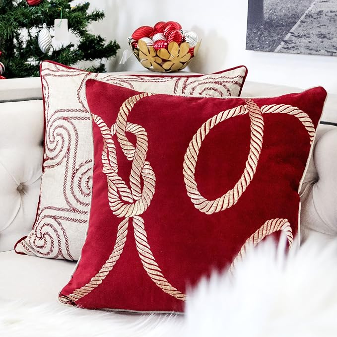 Embroidery Red Velvet Throw Pillow Cover, Merry Christmas Series Gift Knot Luxury Soft Fuzzy Cozy Warm Slik Gift Square Couch Cushion Pillow Case 20 x 20 Inch, Cover Only