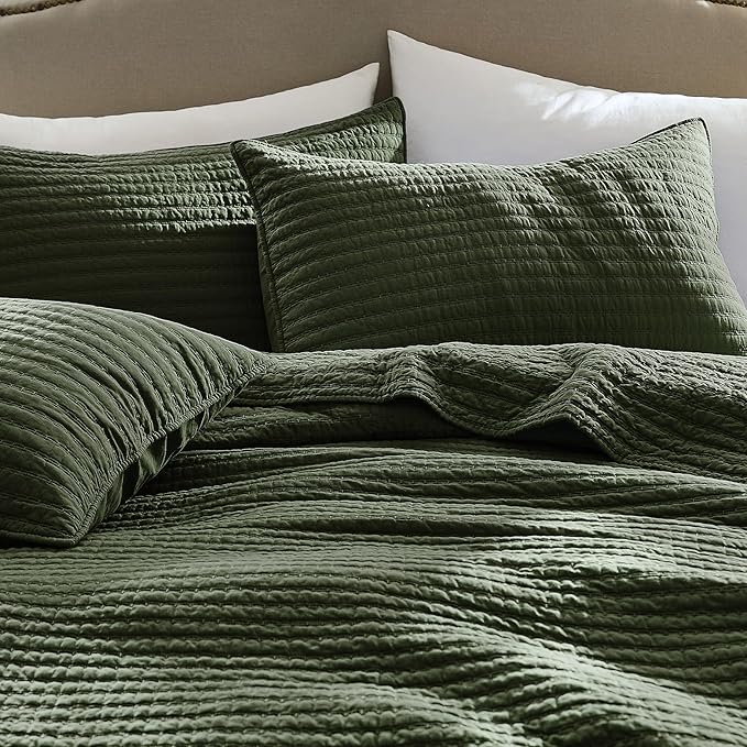 WDCOZY 100% Cotton King Size Quilt Set - Olive Green Striped Pick Stitch Soft Lightweight Bedspread, Textured Like Linen, Farmhouse Country Rustic Coverlet, Shabby Chic Gauze Bedding, 3 Pieces