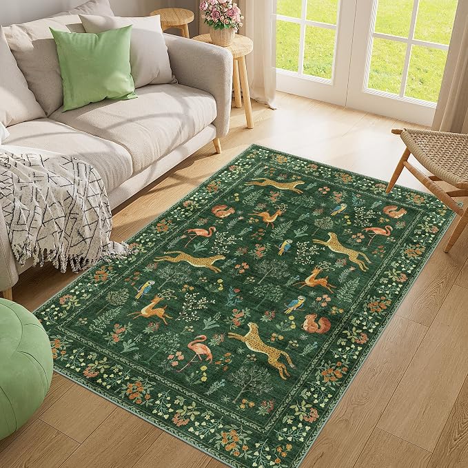 DUKINO 4x6 Area Rug, Non Slip Animal Washable Rug for Living Room, Green | Soft, Low Pile, Stain Resistant Indoor Carpet for Bedroom, Dining Room, Nursery, Farmhouse, Pet Friendly, Non-Shedding