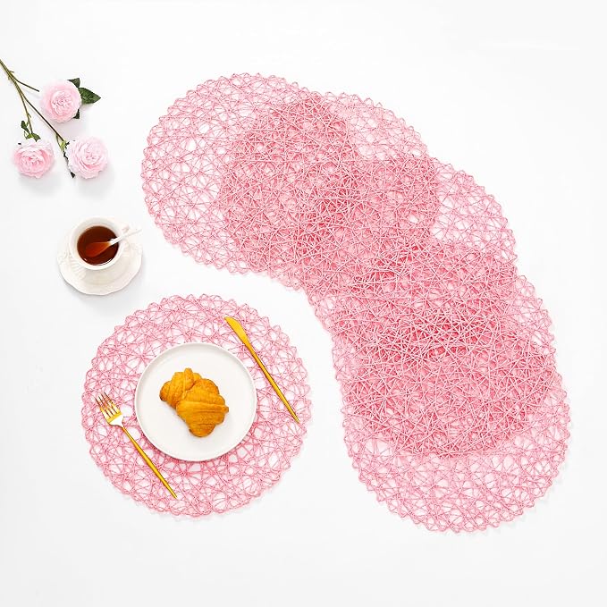 IcosaMro Pink Round Placemats Set of 12 for Dining Table, 13 Inches Paper Woven Boho Small Decorative Circle Place Mat for Wedding Christmas Thanksgiving Day Holiday Dinner, Pink