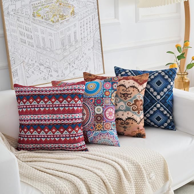 Couch Bohemian Patterned Throw Pillow Covers 18X18 Inch Set of 4 Square Farmhouse Decorative Cushion Covers Boho Vintage Pillow Cases for Sofa Living Room Bedroom Outdoor Patio Porch