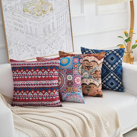 Couch Bohemian Patterned Throw Pillow Covers 18X18 Inch Set of 4 Square Farmhouse Decorative Cushion Covers Boho Vintage Pillow Cases for Sofa Living Room Bedroom Outdoor Patio Porch