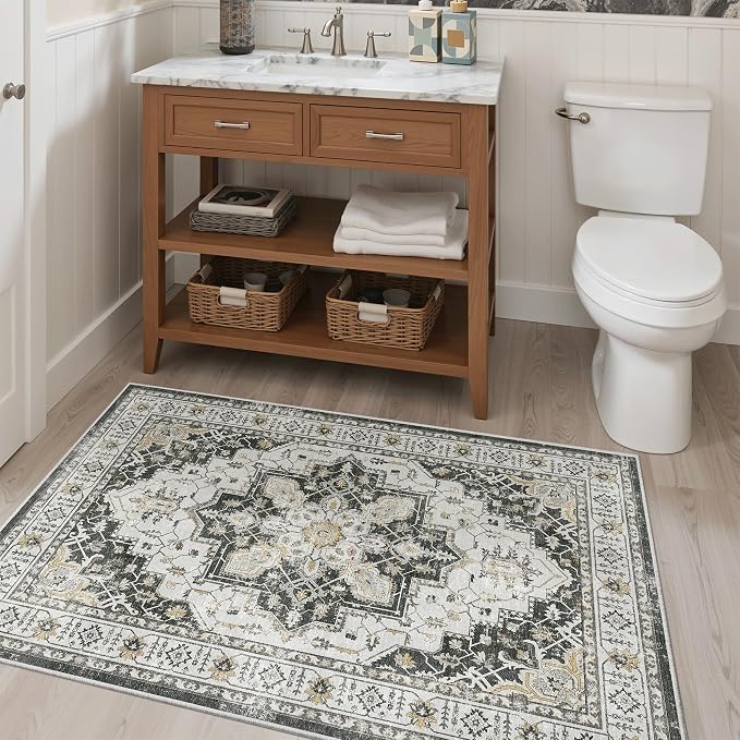 Madane Washable Entry Rug 3x4 Area Rugs for Entryway Kitchen, Black | Vintage Printed Door Mat Indoor Entrance, Low-Pile Floor Carpet Runner for Inside Front Bedroom Kitchen Entry Laundry, Stair