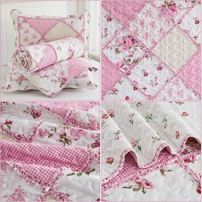 Full/Queen Size Quilt Set Pink Floral Patchwork Bedspreads Coverlet Set | VIVILINEN 3-Piece Reversible Floral Bedding Set Lightweight Comforter Queen Bed Sheet Set Cover Blanket with 2 Pillow Shams
