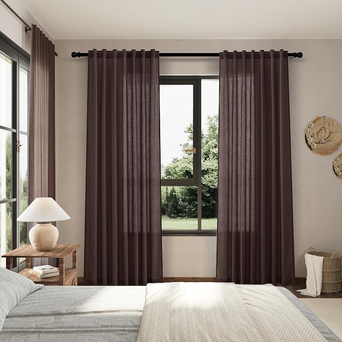 Coffee Linen Blend Drapes 84 Inch Length 2 Panels Set Back Tab Rod Pocket Light Filtering Privacy Semi Sheer Textured Curtains Neutral Farmhouse Decor Curtains for Living Room Bedroom 52x84