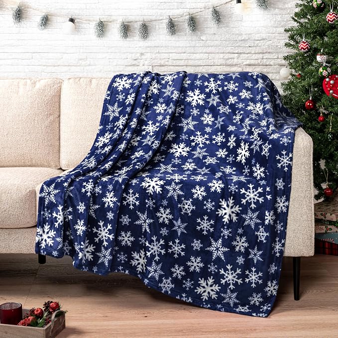PAVILIA Christmas Throw Blanket | Navy Snowflake Christmas Fleece Blanket | Soft, Plush, Warm Winter Cabin Throw, 50x60 (Navy/White Snowflake)