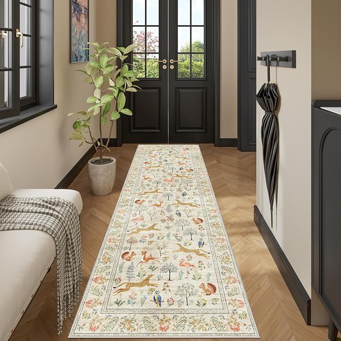 DUKINO 2x10 Kitchen Runner Rug, Soft Non Slip Animal Washable Rug, Beige | Low Pile, Non-Shedding Indoor Carpet Runner for Hallway, Entryway, Bedroom, Bathroom, Laundry, Pet Friendly, Stain Resistant