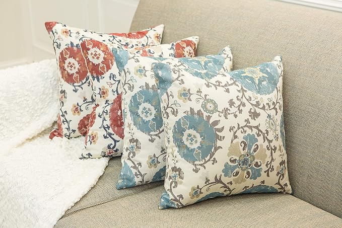 Mika Home Pack of 2 Jacquard Circle Floral Pillow Cover, Cream Red | Throw Pillow Case, Decorative, For 22X22 Inserts