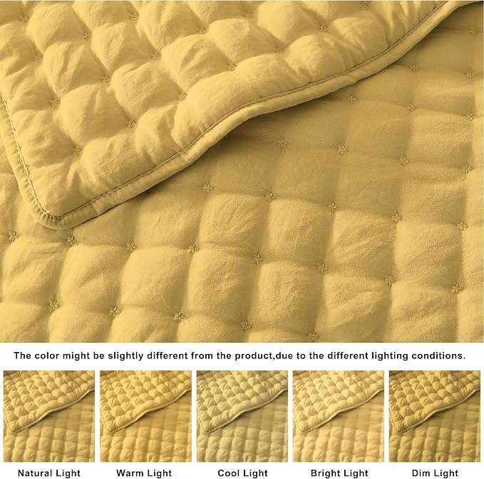 WDCOZY Queen Size Quilts Bedding Sets with 2 Pillow Shams, Lightweight Soft Bedspread Coverlet, Quilted Blanket Thin Comforter Bed Cover for All Season, 3 Pieces, 90x90 inches, Yellow