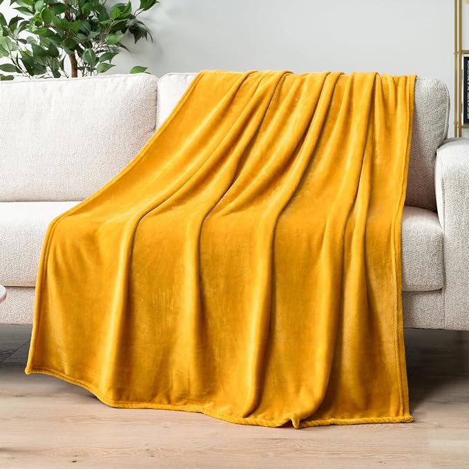 PAVILIA Mustard Yellow Fleece Bed Blanket King Size, Gold Super Soft Fuzzy Flannel Throw for Couch Sofa, Luxury Plush Microfiber Large Throw Blanket King Bed, Home Cozy Velvet Gift Blanket, 90x108