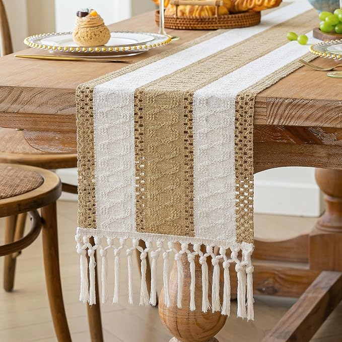 FEXIA Boho Table Runner with Tassels Brown for Fall Home Decor 12x72 Inch | Farmhouse Rustic Table Runner Macrame Burlap Woven Dinning Decoration for Living Room Bridal Shower decorations