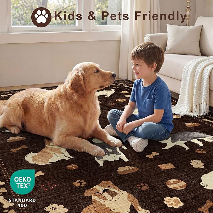 DUKINO 6x9 Washable Dog Area Rug for Living Room Non Slip, Brown | Non-Shedding, Stain Resistant, Soft Animal Carpet for Bedroom Kids Playroom Nursery Dining Room Farmhouse, Pet & Kid Friendly