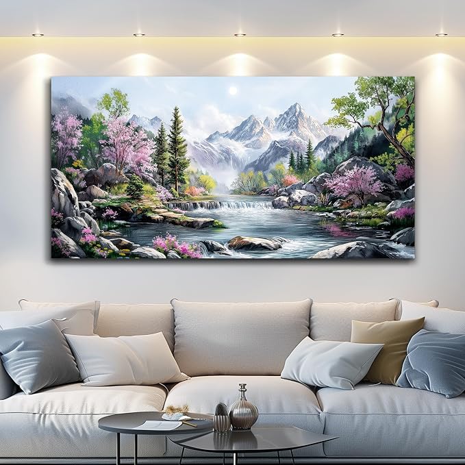 QIYILEXWART Canvas Wall Art For Living Room Large Wall Decor For Office Bedroom Decorations Mountain Landscape Pictures Spring Painting Artwork Room Wall Mural Aesthetic Home Decor 30x60 In