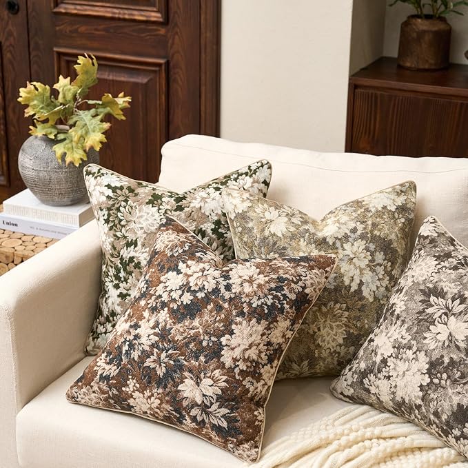 Yangest Neutral Floral Pillow Cover 18 x18 Inches, Vintage Chenille Square Throw Pillow Cover Soft Decorative Farmhouse Accent Couch Pillow Cover for Living Room Bedroom, Grey