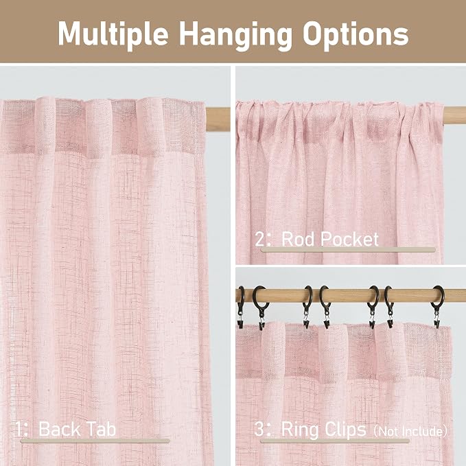 Semi Sheer Linen Curtains 45 Inches Long for Windows, 52 x 45 Inch | Light Filtering Panels, Neutral Drapes for Girls Room, Window Treatment, Bedroom, Rod Pocket Back Tab, Pink, 2 Panels