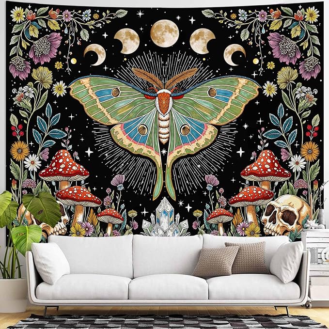 Accnicc Moth Tapestry Boho Mushroom Hippie Skull Wall Tapestry for Bedroom Aesthetic Vintage Floral Plant Moon Phase Extra Large Tapestries Wall Hanging for Dorm Living Room Decor 90 x 68 Inch