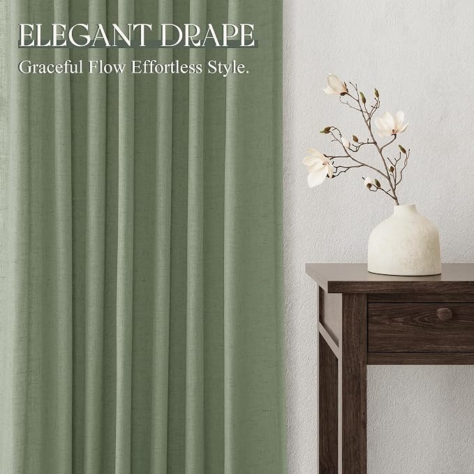 Jowels Light Sage Green Linen Curtains 96 Inch 2 Panels for Living Room | Light Filtering Semi Sheer Curtain, Back Tab Pocket Pleated Look, Boho Farmhouse Textured Privacy Drapes for Bedroom Window