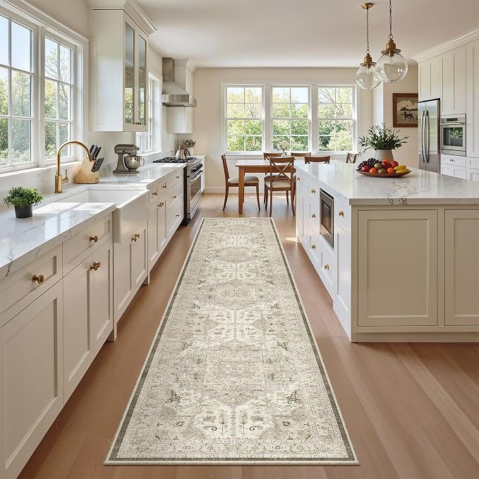 Madane Washable Runner Rugs 2x12 Long for Hallway Kitchen Soft, Ivory/Brown | Non-Slip Vintage Printed 12ft Rug Runners with Rubber Backing, Low-Pile Floor Carpet Laundry Room Entryway, Corridor