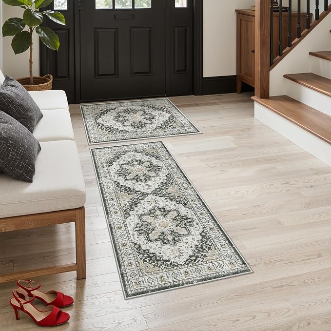Madane 2-Piece Area Rugs Set, Small Kitchen Runner Non-Slip, Black | Rug Runners Vintage Door Mat Indoor Entrance, Low Pile Floor Carpet for Inside Front Bedroom Entryway Entry Laundry 2x3+2x4