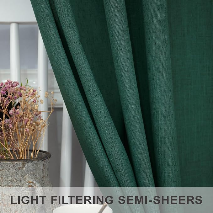 Pitalk Dark Green Curtains 63 Inch Length for Bedroom 2 Panels Back Tab Pocket Lightweight Light Filtering Semi Sheer Linen Hunter Green Curtain for Boys Room Kitchen Olive Forest Decor 52x63