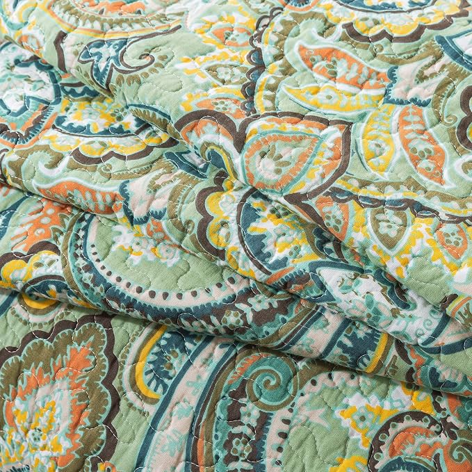 NEWLAKE Cotton Bedspread Quilt Sets-Reversible Patchwork Coverlet Set, European Green Floral Pattern, King Size
