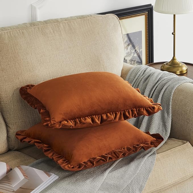 GIGIZAZA Burnt Orange Decorative Throw Pillow Covers, 18x18 Velvet Ruffle Cushion Pillow Covers for Sofa Couch Set of 2
