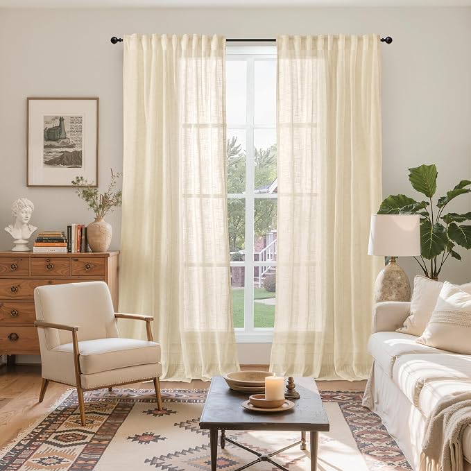 Tan Linen Semi Sheer Curtains for Farmhouse Living Room 52x84 Inch Length | Natural Light Filtering Window Drapes Textured with Rod Pocket Back Tab for Dining Bedroom Window, 2 Panels
