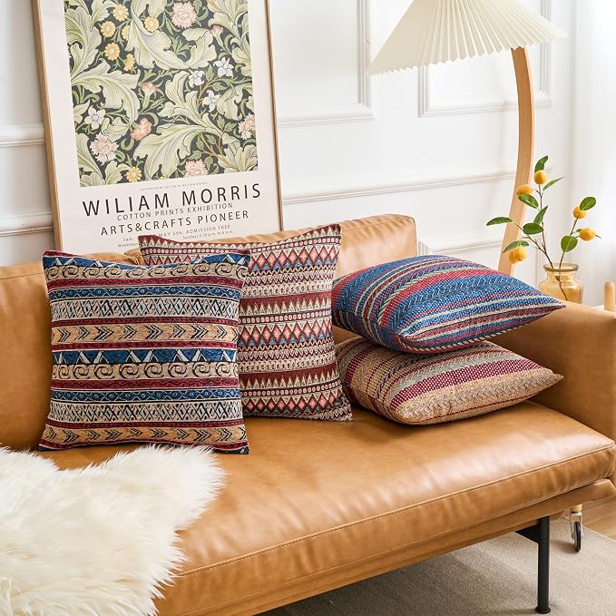 Couch Colorful Stripe Boho Throw Pillow Cover 18X18 Inch Set of 4 Farmhouse Decorative Vintage Pillow Cases Textured Cushion Pillows Covers for Sofa Living Room Bedroom Outdoor Patio Porch