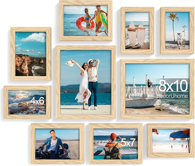 decorUhome 10 Pack Assorted Picture Frame Set for Wall & Tabletop, P0710NT | Natural, Multi Size Picture Frame Includes Two 8x10 / Four 5x7 / Four 4x6 for Family Gallery Wall