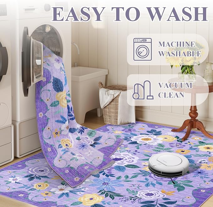 DUKINO 3x5 Area Rug, Floral Washable Rug for Bedroom Non Slip, Purple | Soft, Stain Resistant Low Pile Indoor Rug for Entryway, Bedroom, Bathroom, Living Room, Pet Friendly, Home Decor, Lightweight