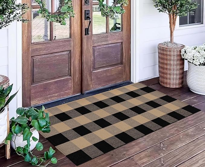 Front Porch Rug 24''x51'' Black and Tan Checkered Outdoor Rug Cotton Washable Front Door Mat Outdoor for Layered Doormat,Bedroom,Farmhouse,Entryway,Patio
