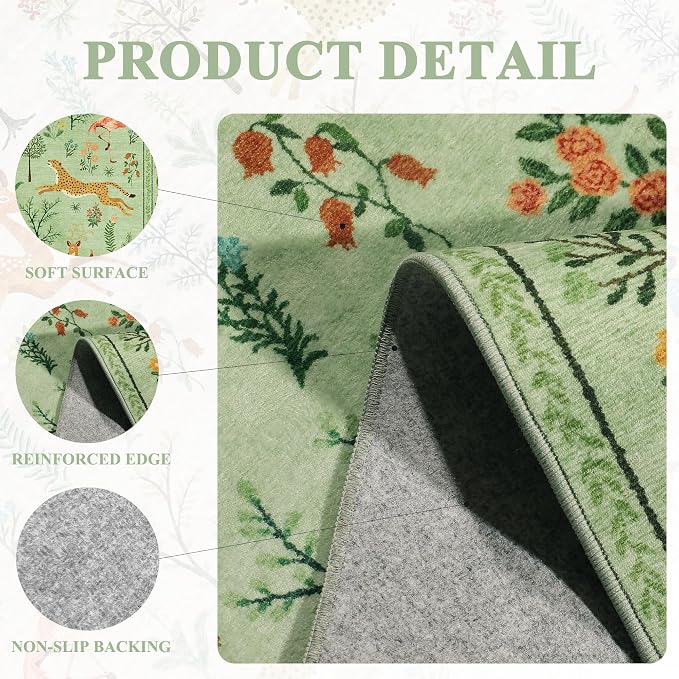 DUKINO 2x5 Rug for Hallway, Washable Animal Runner Rug Non Slip Light Green | Low Pile, Stain Resistant, Soft Indoor Carpet Runner for Kitchen, Entryway, Bedroom, Bathroom, Pet Friendly, Lightweight