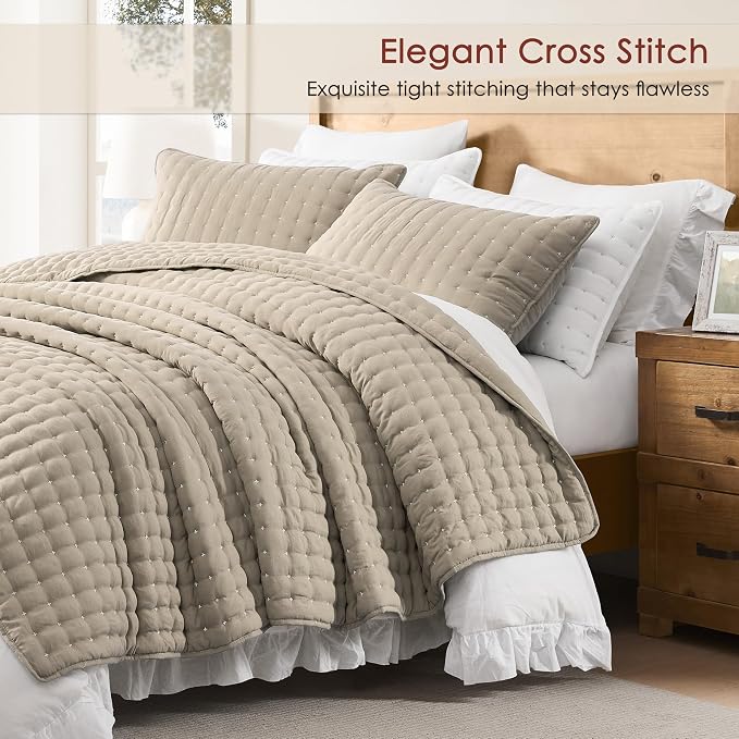 WDCOZY Beige King Size Quilt Bedding Sets with Pillow Shams, Tan Cream Lightweight Bedspread Coverlet, Quilted Blanket Thin Comforter Bed Cover, All Season Summer Spring, 3 Pieces, 104x90 inches