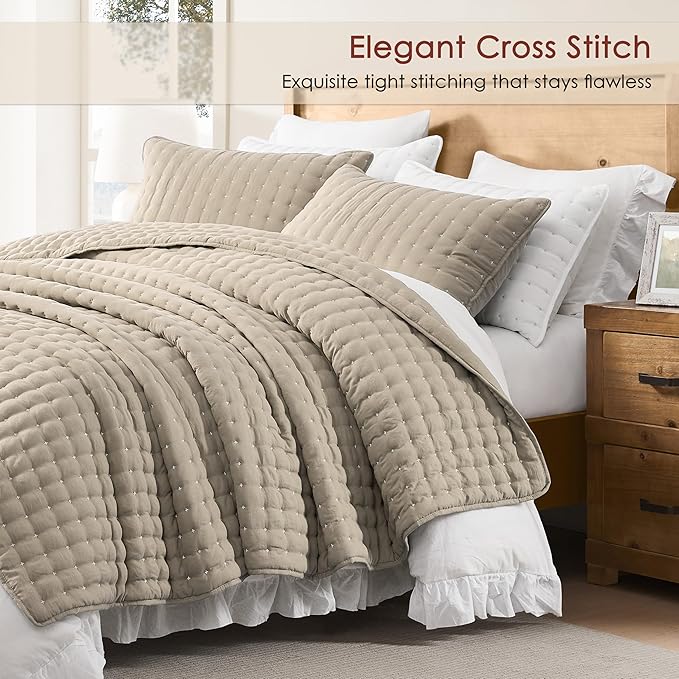 WDCOZY Beige Twin Size Quilt Bedding Sets with Pillow Sham, Tan Cream Lightweight Bedspread Coverlet, Quilted Blanket Thin Comforter Bed Cover, All Season Summer Spring, 2 Pieces, 68x90 inches