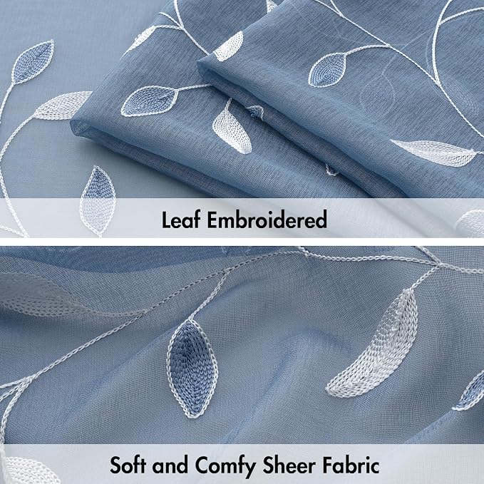 MIULEE Dusty Blue Sheer Curtains 2 Panels Leaf Patterned, W52 x L96 | Embroidered Floral Semi Sheer,Rod Pocket,Faux Linen,Short Window Curtains Drapes Set for Kitchen/Bathroom/Cafe