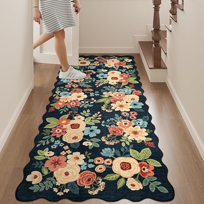 DUKINO 2x5 Washable Runner Rug, Floral Non Slip Kitchen Rug, Navy Blue | Soft, Low Pile, Non-Shedding Throw Rug Runner for Hallway, Entryway, Bedroom, Bathroom, Pet Friendly, Home Decor, Lightweight