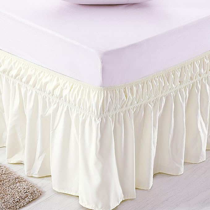 MEILA Wrap Around Elastic Bed Skirt for Queen & King Beds, 16" Drop, Ivory | Three-Side Adjustable Elastic Dust Ruffle, Ruffled Polyester Fabric, Easy to Install, Fade Resistant & Machine Washable