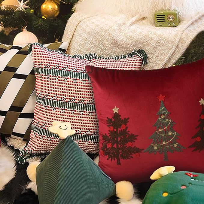 Christmas Tree Pillow Covers 18x18 Inch Red Embroidered Tree Throw Pillows for Holiday Decorations - Cushions for Couch, Sofa, Bed, Living Room, Bedroom