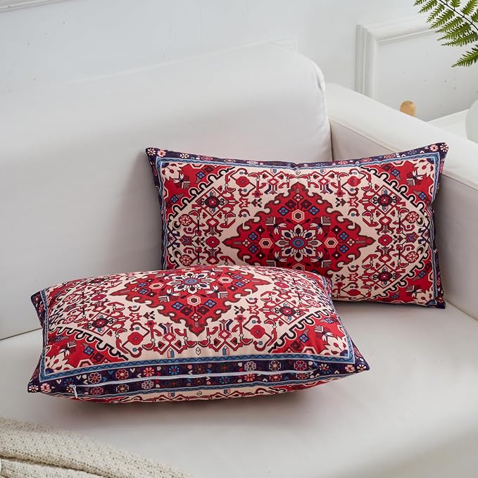 Red Lumbar Throw Pillow Covers 12x20 Inch Set of 2 Washable BOHO Vintage Style Decorative Throw Pillow Cases Soft Velvet Farmhouse Decor Retro Cushion Covers for Couch Sofa Bed Living Room Outdoor