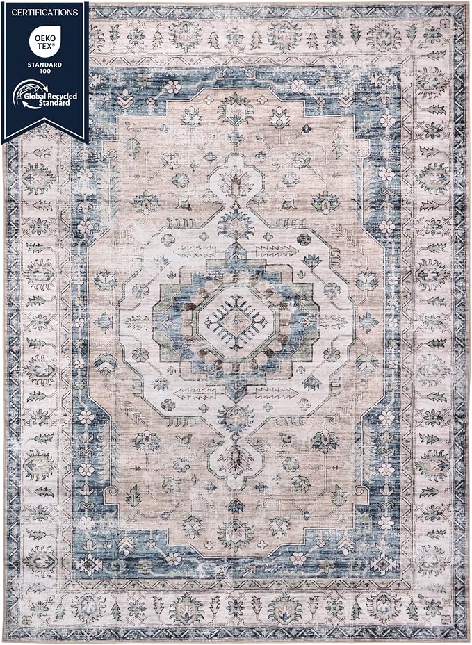 Machine Washable Area Rug, Soft & Durable, Non-Slip, Stain Resistant Rug for Bedroom, Living Room, Dining Room, High Traffic Areas. (Light Blue/Ivory, 5' X 7')