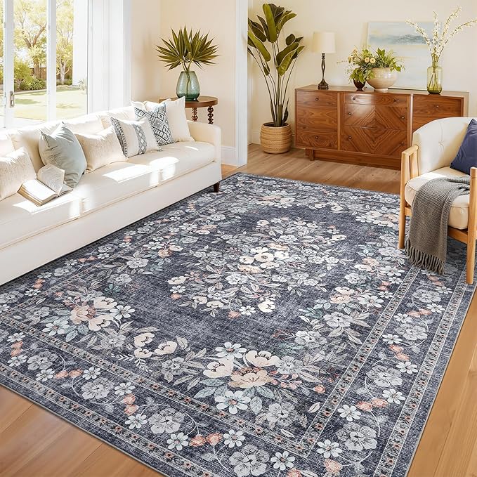 GarveeHome Vintage Area Rug 4x6 for Dining Room Boho Flower Accent Mats | Botanical Bordered Floor Carpets Machine Washable Non-Slip Low Pile Floral Rugs for Bedroom Living Room Dorm Home Blue
