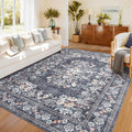 GarveeHome 5x7 Vintage Area Rug for Dining Botanical Boho Accent Carpets | Machine Washable Flower Bordered Floor Cover Mats Non-Slip Low Pile Vintage Floral Rugs for Living Room Bedroom Blue