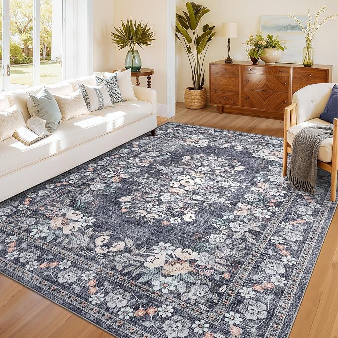 GarveeHome 10x13 Large Area Rug for Luxury Bedroom Vintage Blue Rugs | Vintage Leaf Flower Bordered Floor Distressed Botanical Carpets for Guest Room Machine Washable Floral Area Rug for Office