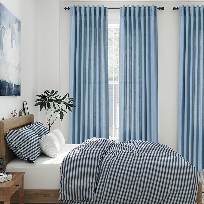 Blue Semi Sheer Linen Curtains 84 inch Length for Living Room Back Tab Modern Farmhouse Coastal Decor Stone Dusty Blue Cotton Textured Gauze Curtains for Dining Room Bedroom Blue Grey