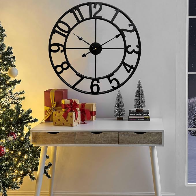 CLXEAST Silent 24 Inch Wall Clocks for Living Room Decor,Arabic Numeral | Non Ticking, Matt Black,Thicker Metal Wall Clock for Dinning Room,Entryway,Home Office & Fireplace Decor