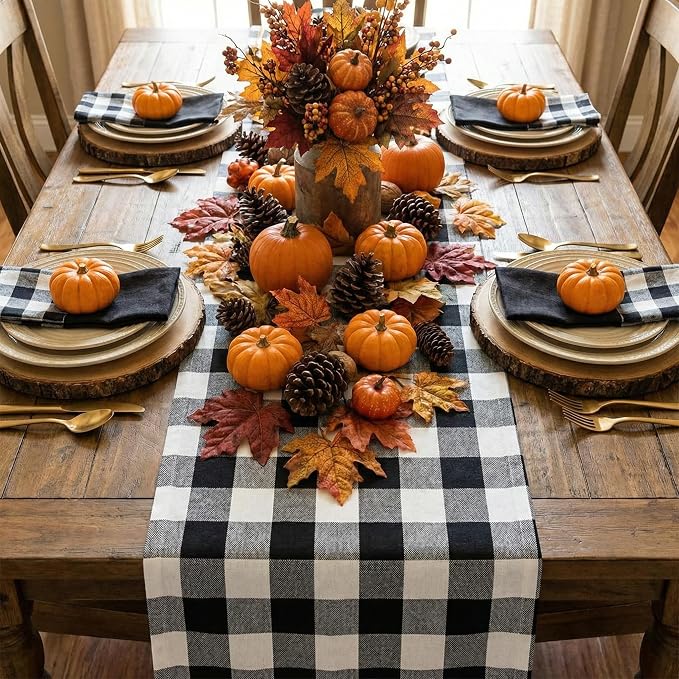 ShinyBeauty Black & White Buffalo Plaid Runners 120 inches Long Classic Farmhouse Table Runner Checked Table Runners for Family Dinner Thanksgiving Decorations (13"x120")