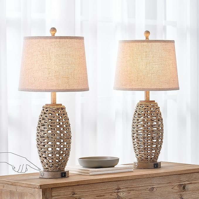 27” Natural Rattan Table Lamps Set of 2,Touch Switch,3-Way Dimmable Bedside Lamps, with A+C USB Charging Ports,Oatmeal Lampshade,Farmhouse Table Lamp for Bedroom, Living Room(2 Bulbs Included)